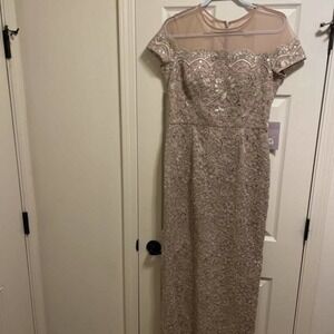 J S Collection Womens Lace Gown Dress Beige Floral Lined Zip Embellished 10 New